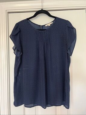 fun 2 fun Navy Blue Polka Dot Short Sleeve Blouse Size XL